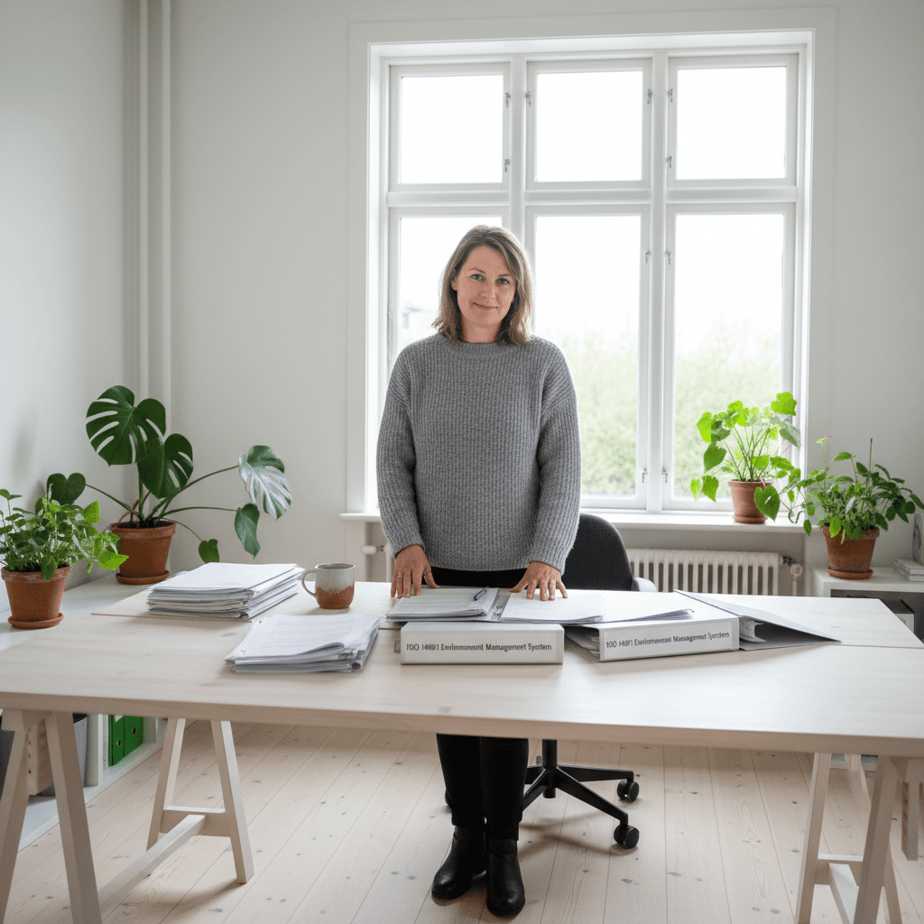 Miljöansvarig kvinna i 40-årsåldern som går igenom ISO 14001-dokumentation i ljust skandinaviskt kontor