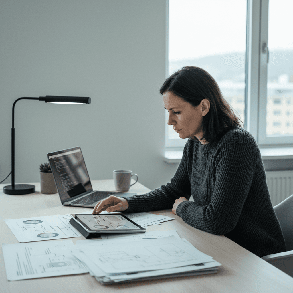IT security manager reviewing cybersecurity compliance documentation in modern Nordic office