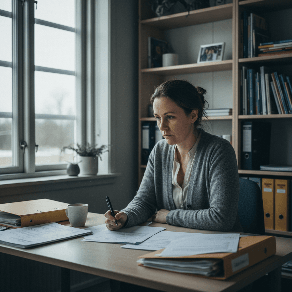 Rektor som planerar systematiskt kvalitetsarbete vid skrivbord med pärmar och laptop