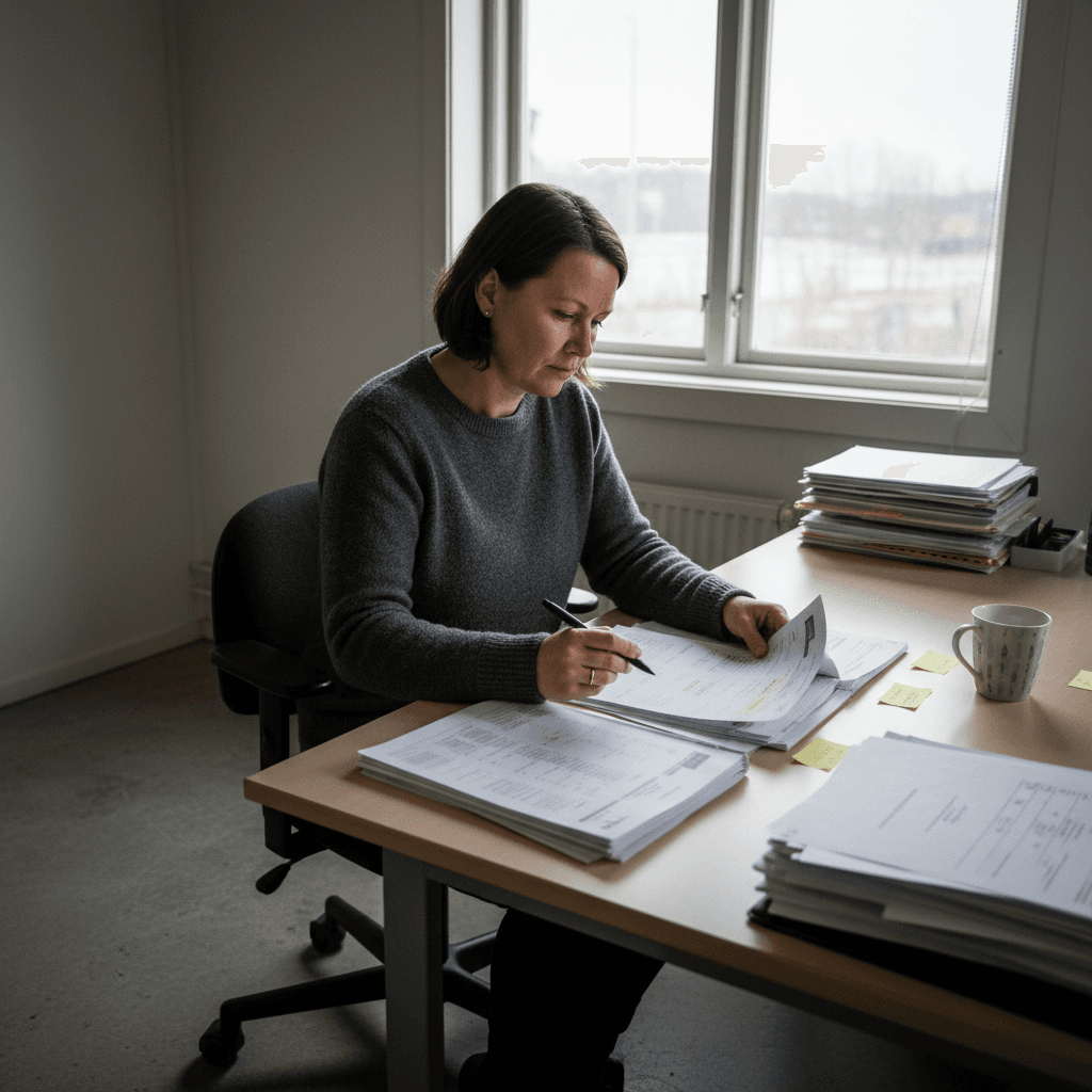 Avfallskoordinator som går igenom återvinningsplaner i ljust skandinaviskt kontor