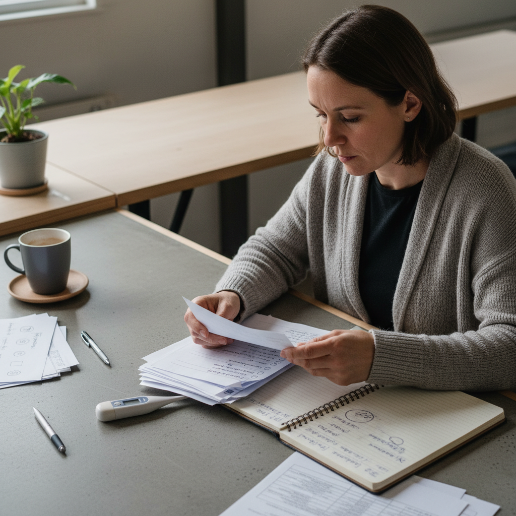 Miljöinspektör som arbetar med hälsoskyddskontroller vid sitt skrivbord