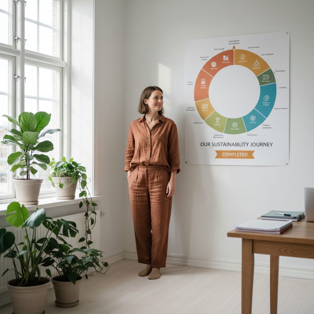 Hållbarhetsansvarig kvinna som nöjd tittar på sitt välorganiserade miljöårshjul