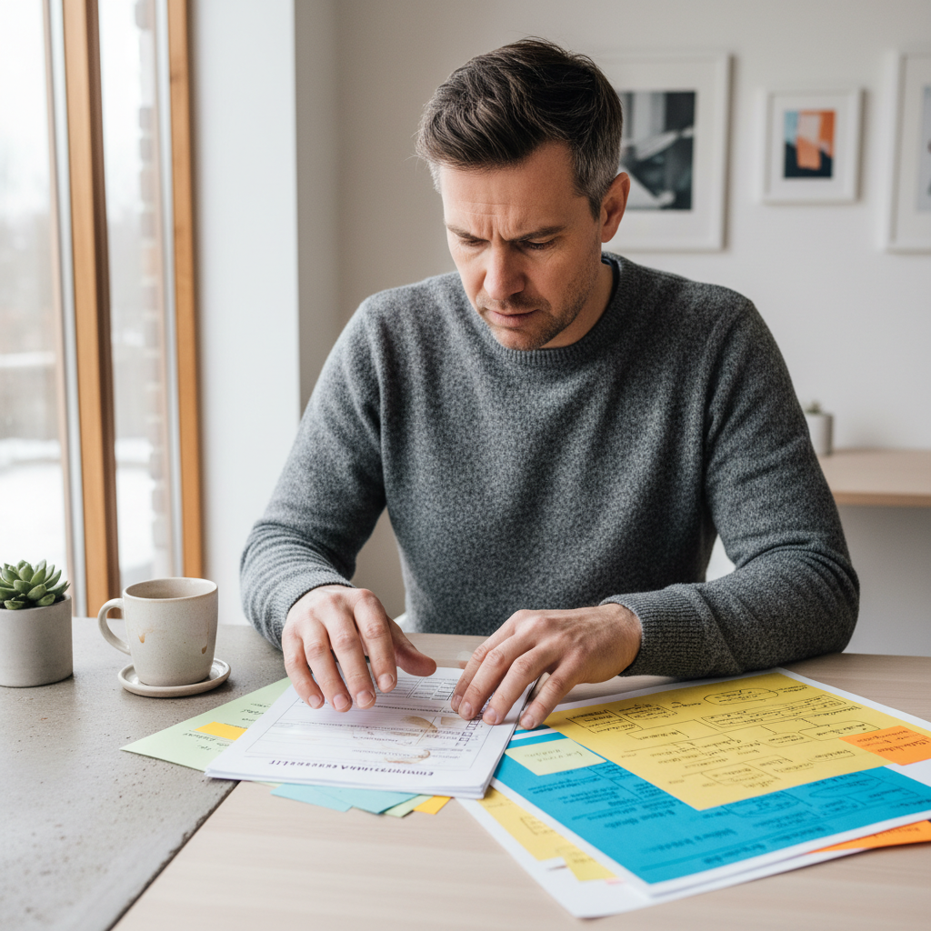 Kvalitetsansvarig man som arbetar med ISO 14001 dokumentation vid skrivbord