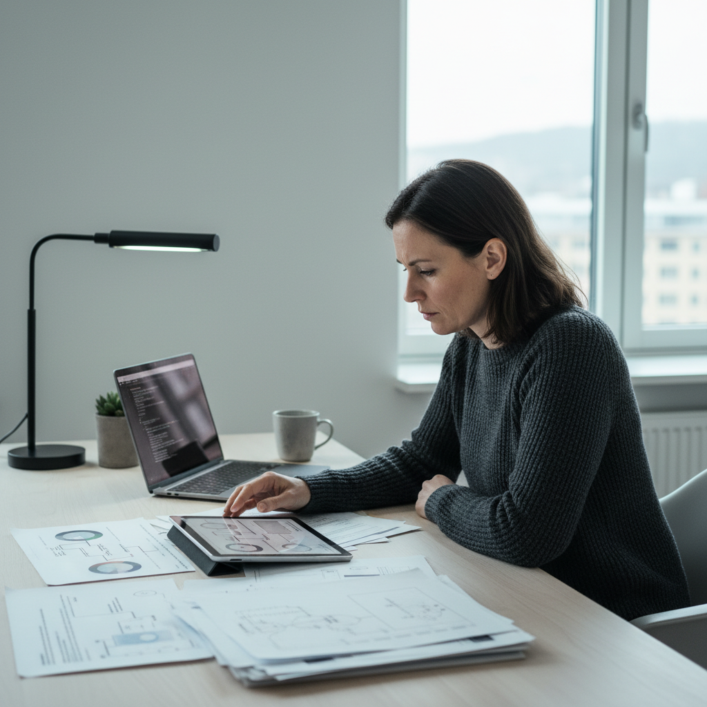 Företagare som planerar arbetstidsförläggning och semesterplanering med kalender och dokument på kontor