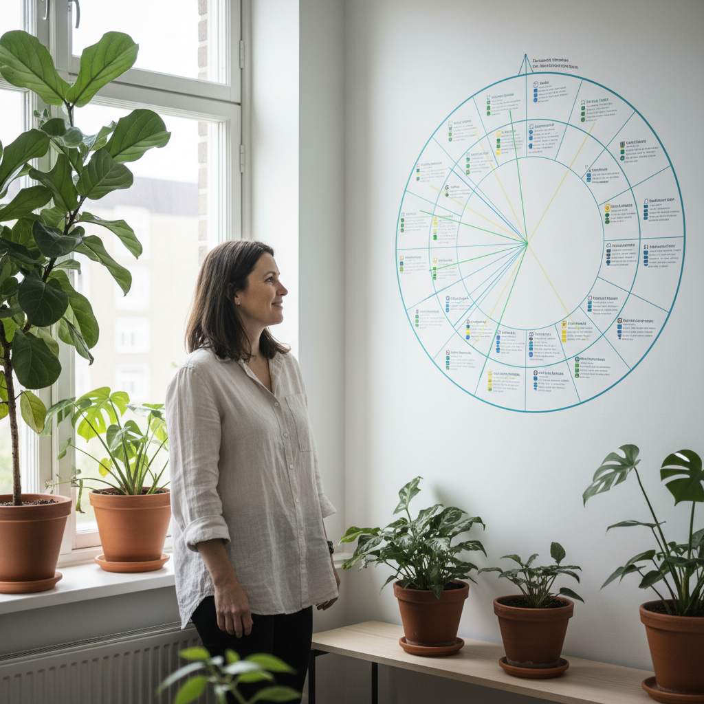 Cybersecurity officer looking at completed annual information security wheel with satisfaction