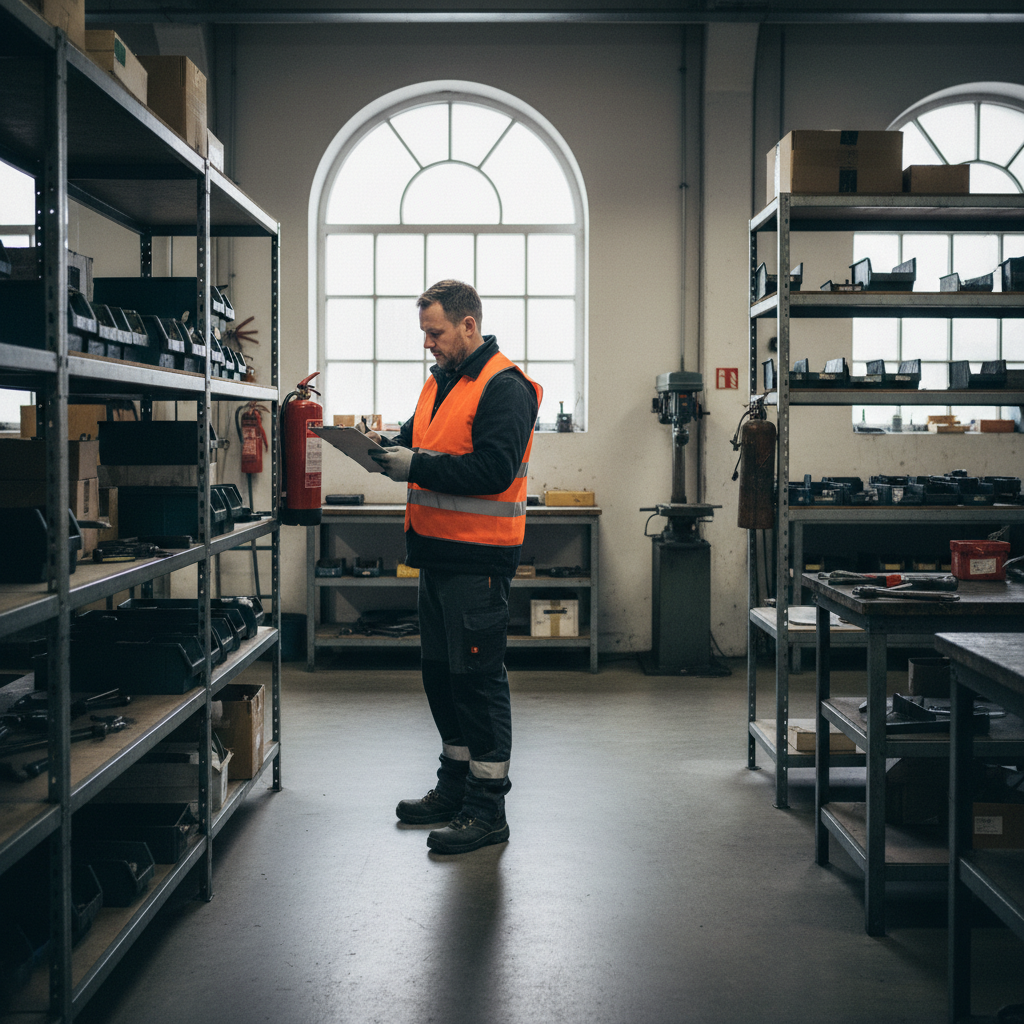Skyddsombud som genomför skyddsrond i industrilokal med checklista